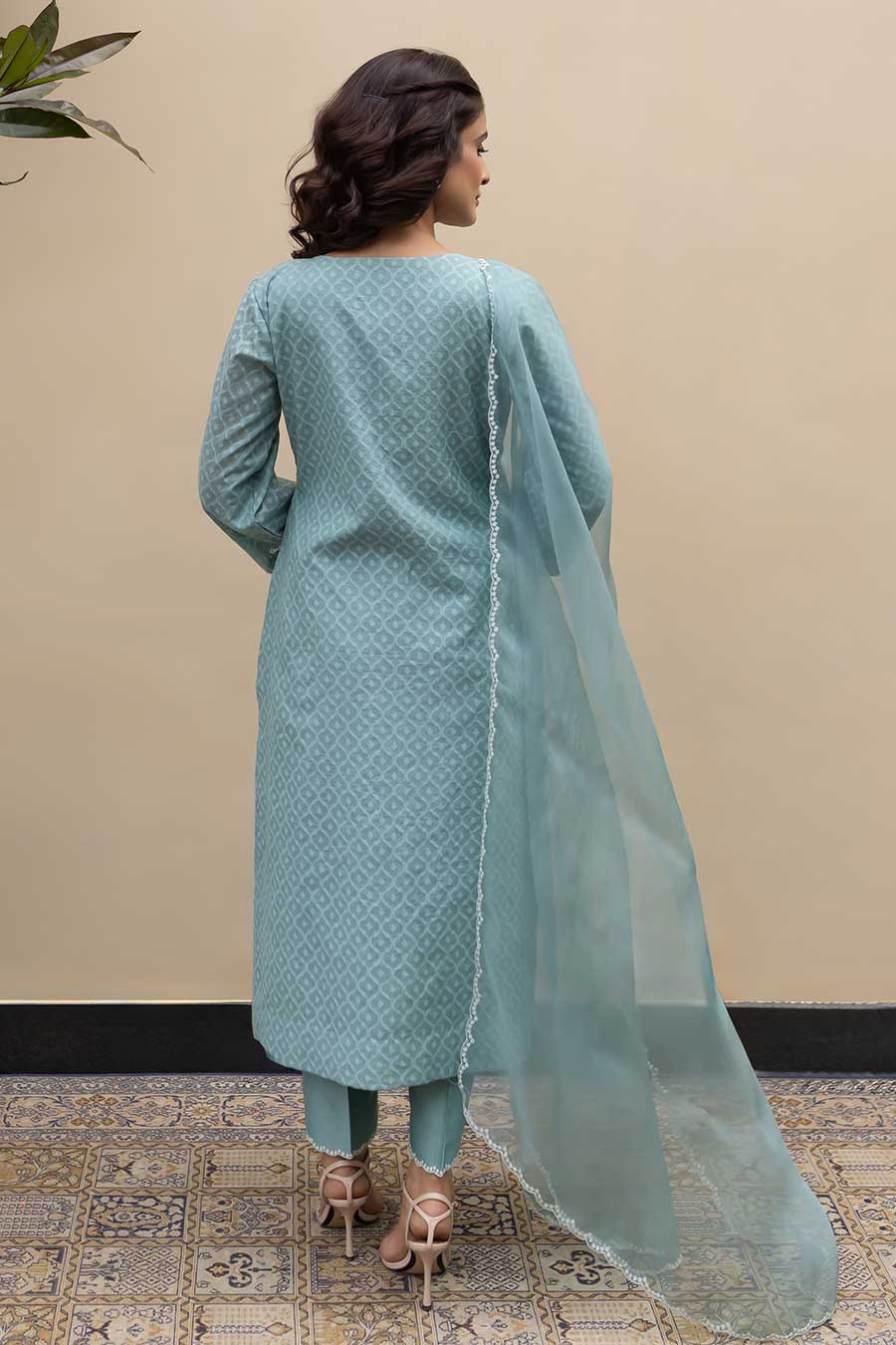 Turquoise Banarasi Chanderi Embroidered Kurta Set