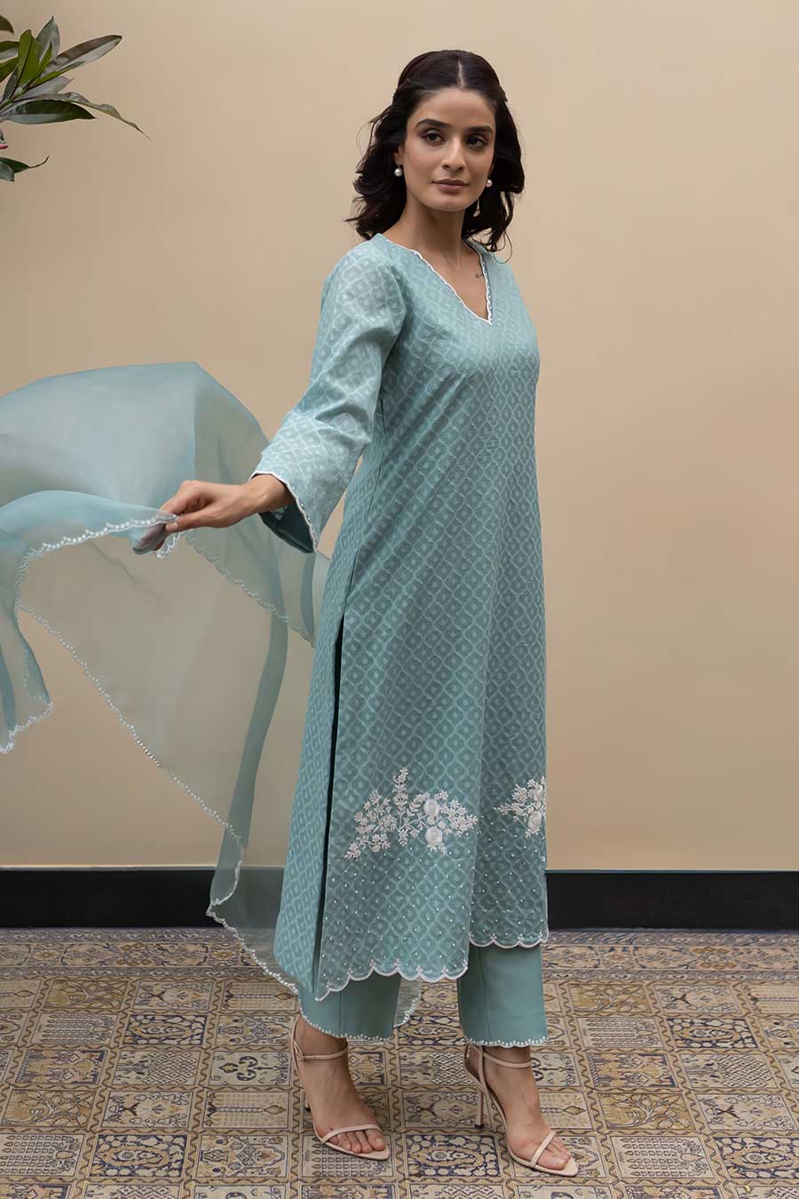 Turquoise Banarasi Chanderi Embroidered Kurta Set