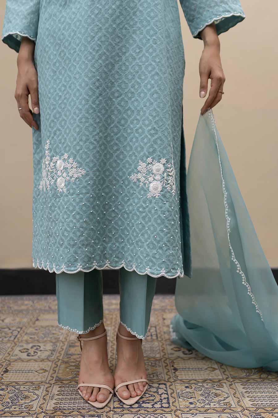 Turquoise Banarasi Chanderi Embroidered Kurta Set