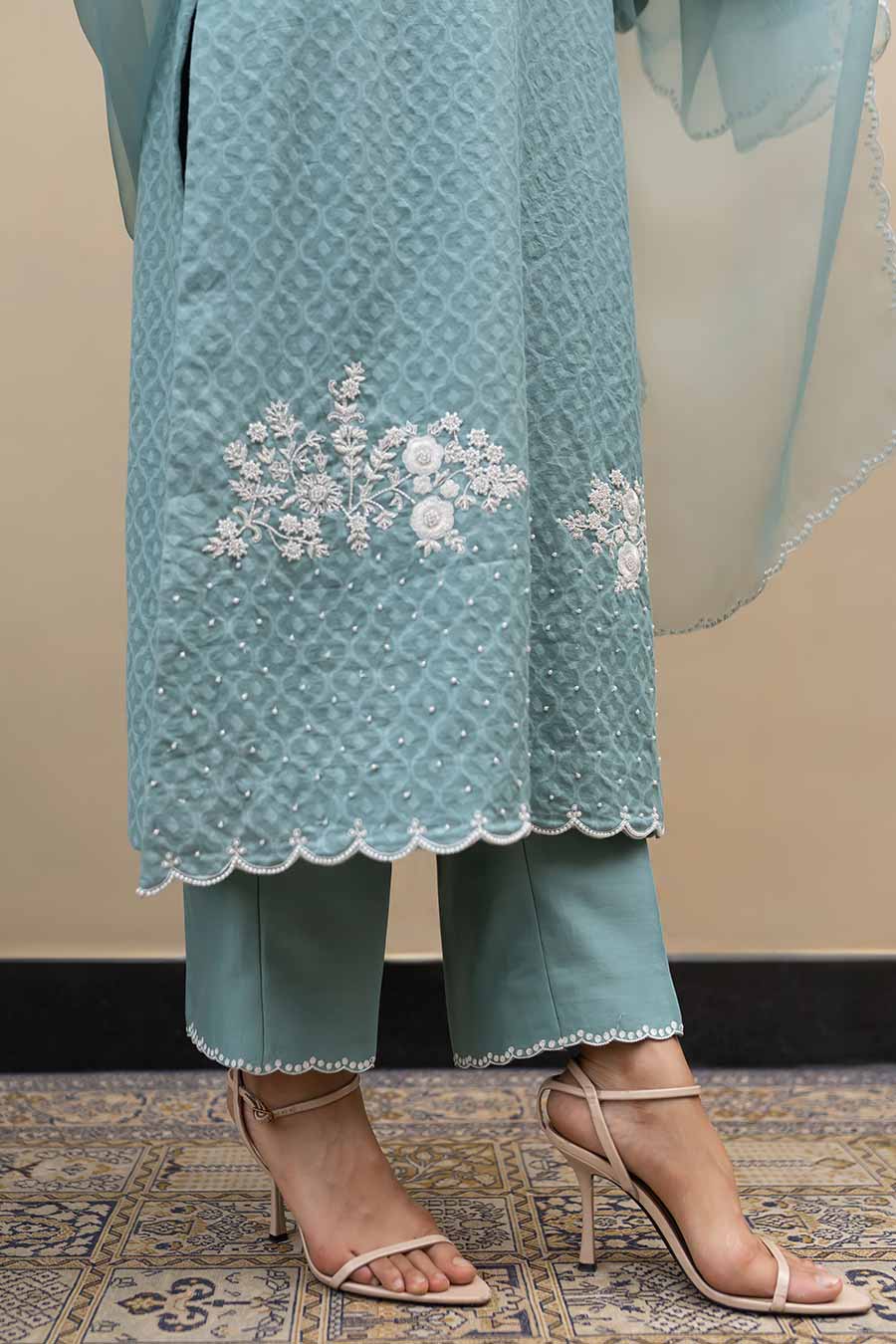 Turquoise Banarasi Chanderi Embroidered Kurta Set
