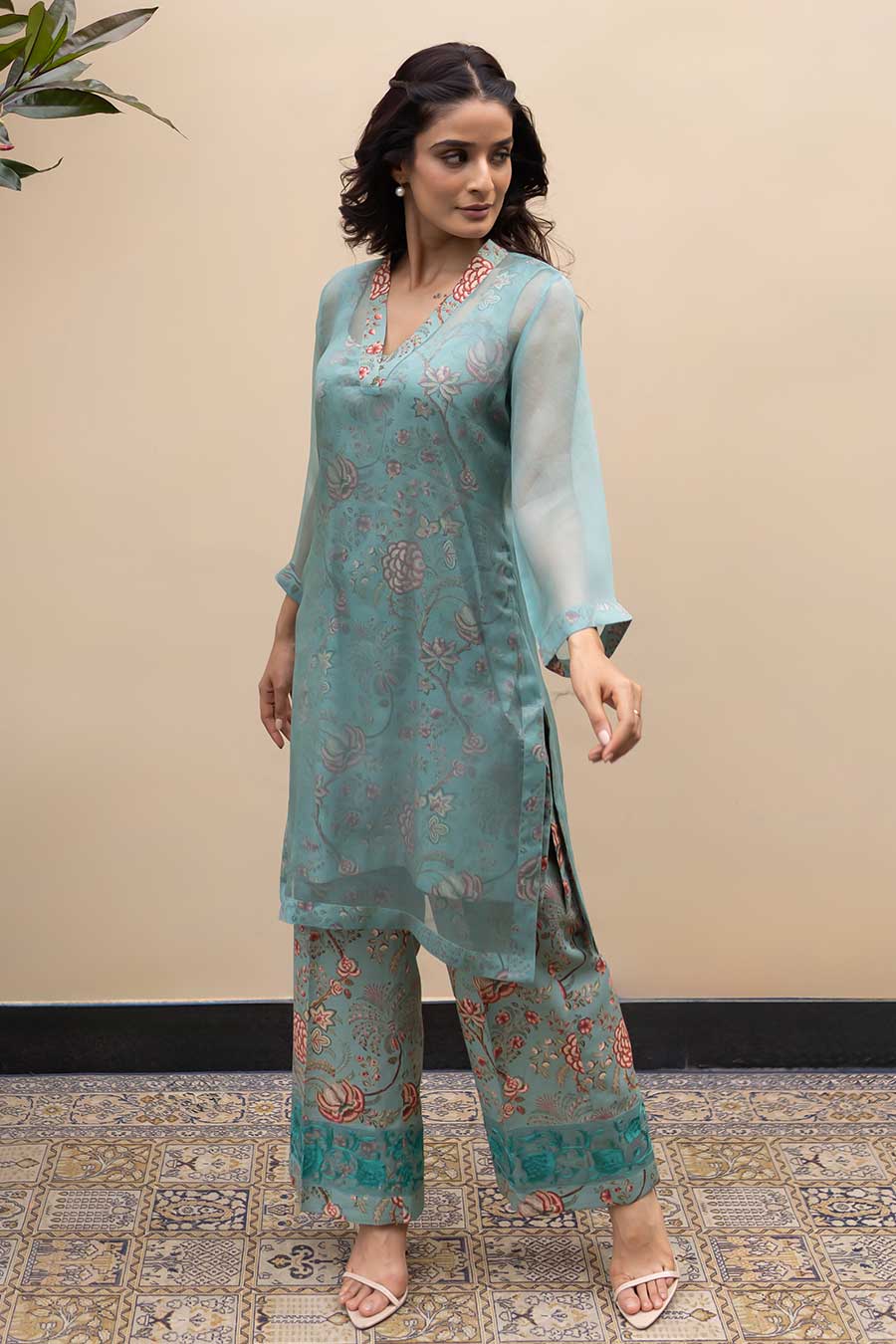 Dark Turquoise Printed Co-Ord Set With Organza Overlay