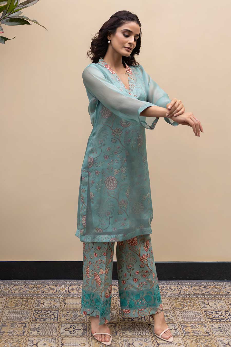 Dark Turquoise Printed Co-Ord Set With Organza Overlay