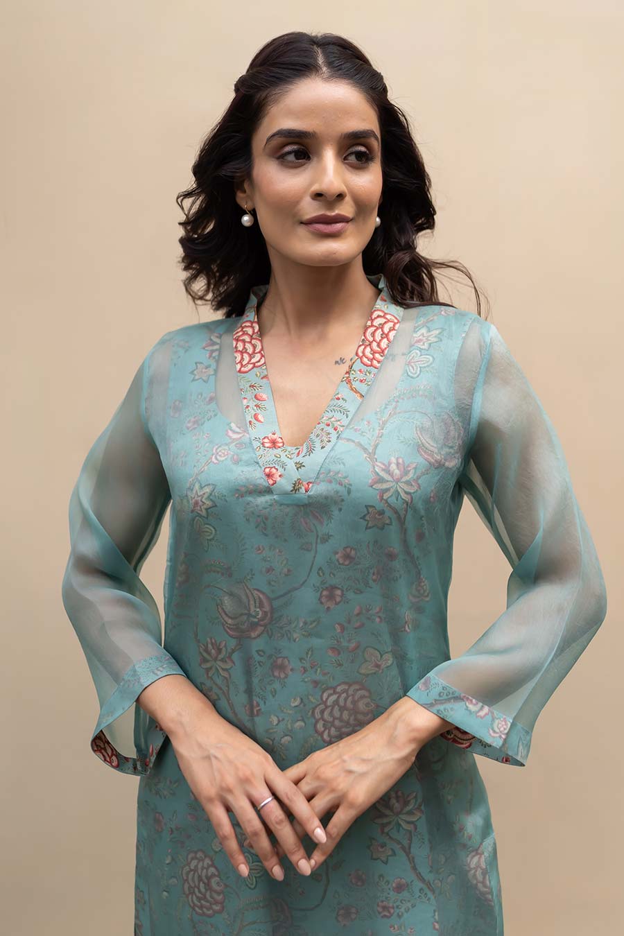 Dark Turquoise Printed Co-Ord Set With Organza Overlay