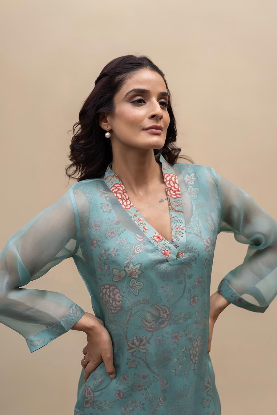 Dark Turquoise Printed Co-Ord Set With Organza Overlay