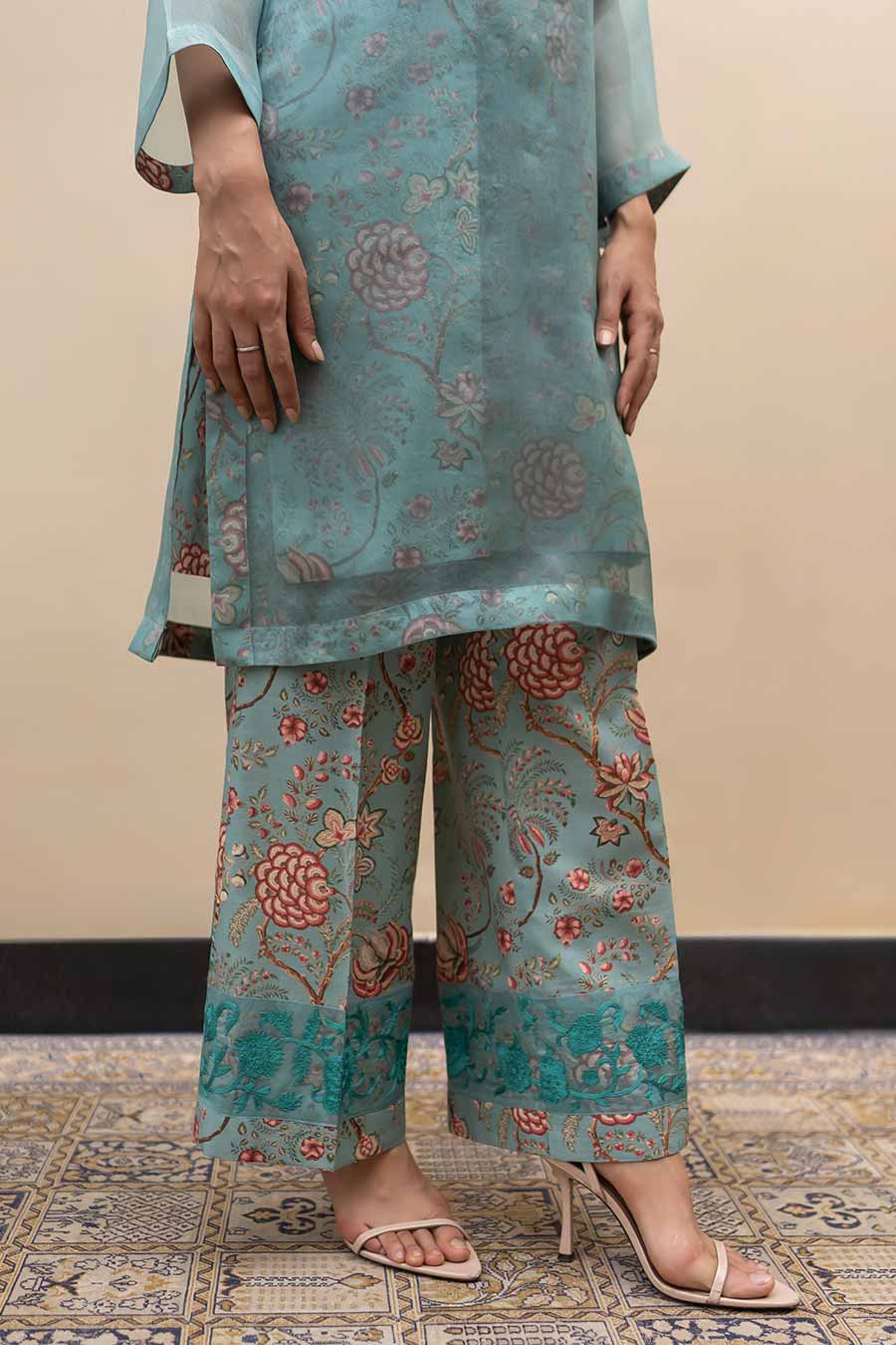 Dark Turquoise Printed Co-Ord Set With Organza Overlay