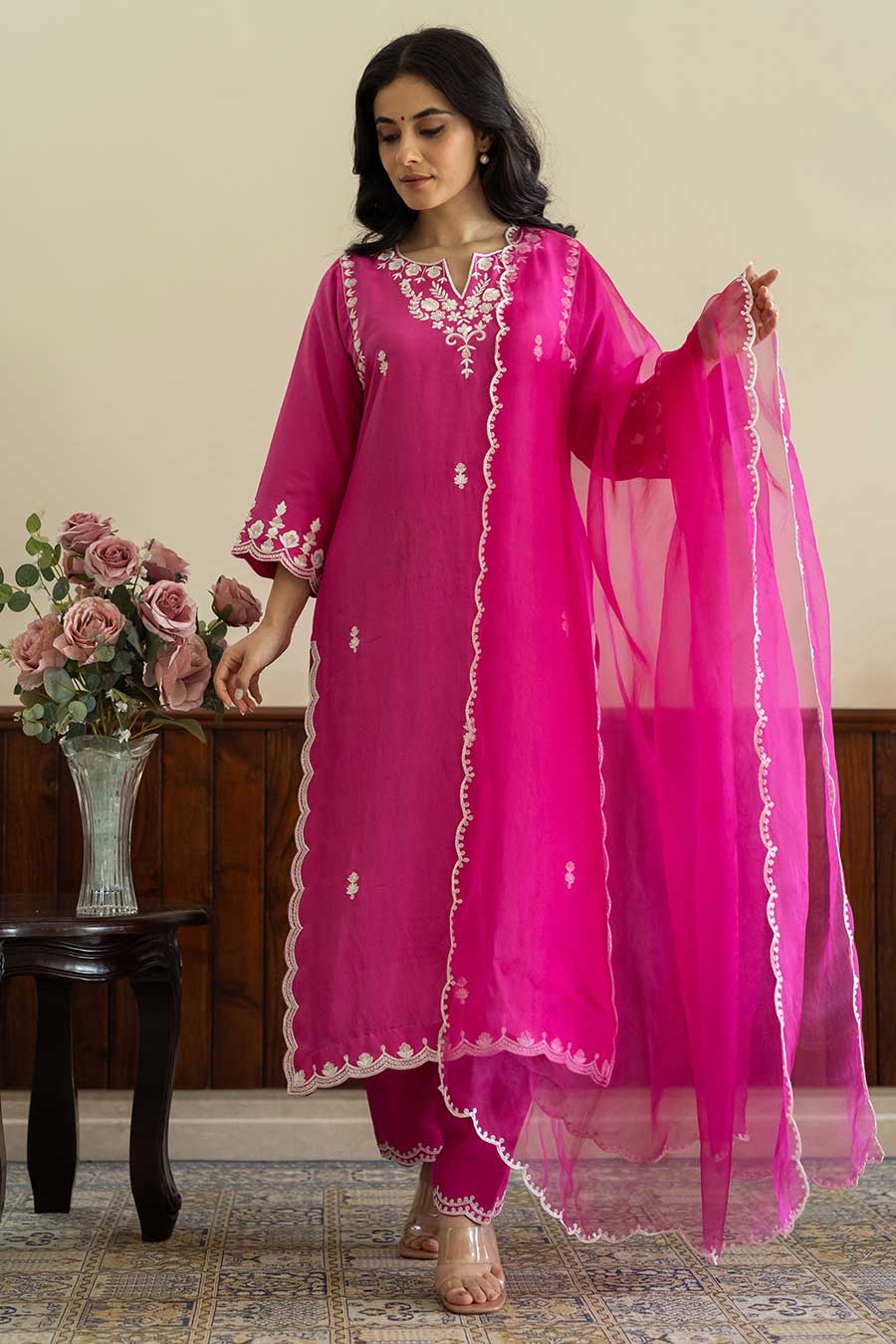 Fuschia Pink Embroidered Kurta Set