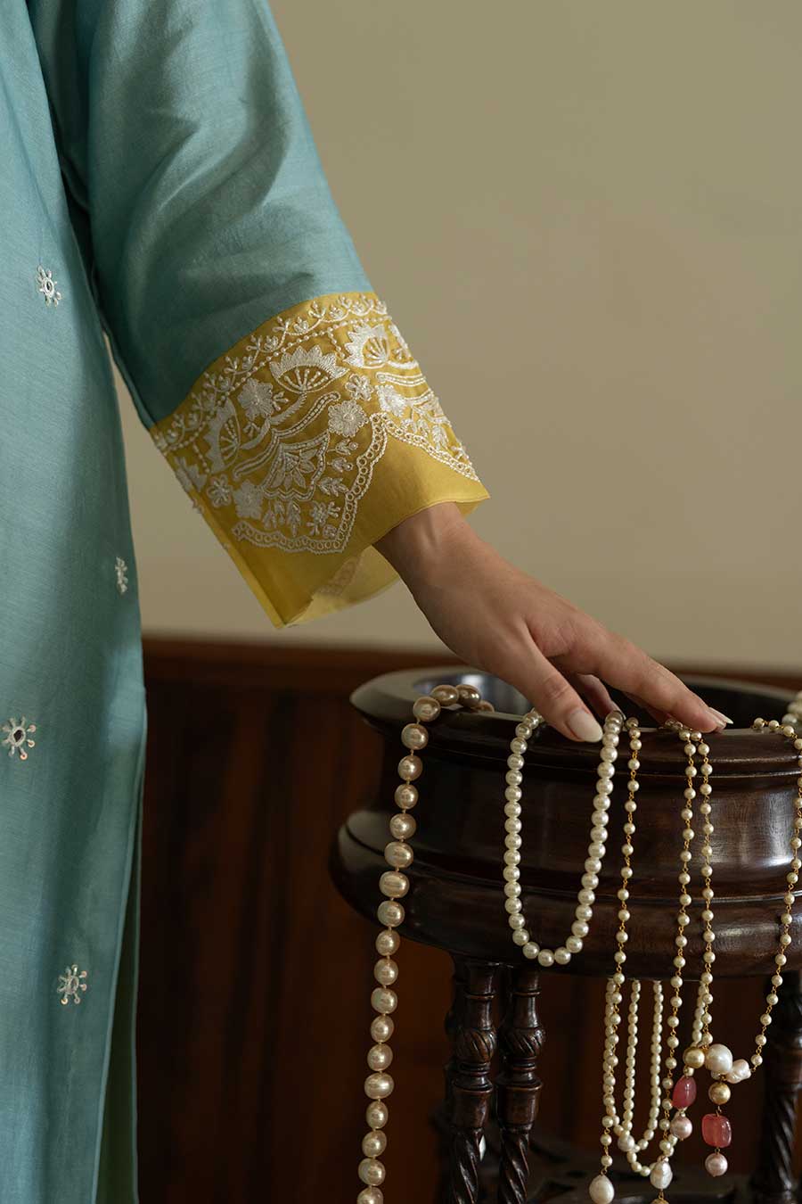 Turquoise Blue With Yellow Embroidered Kurta Set