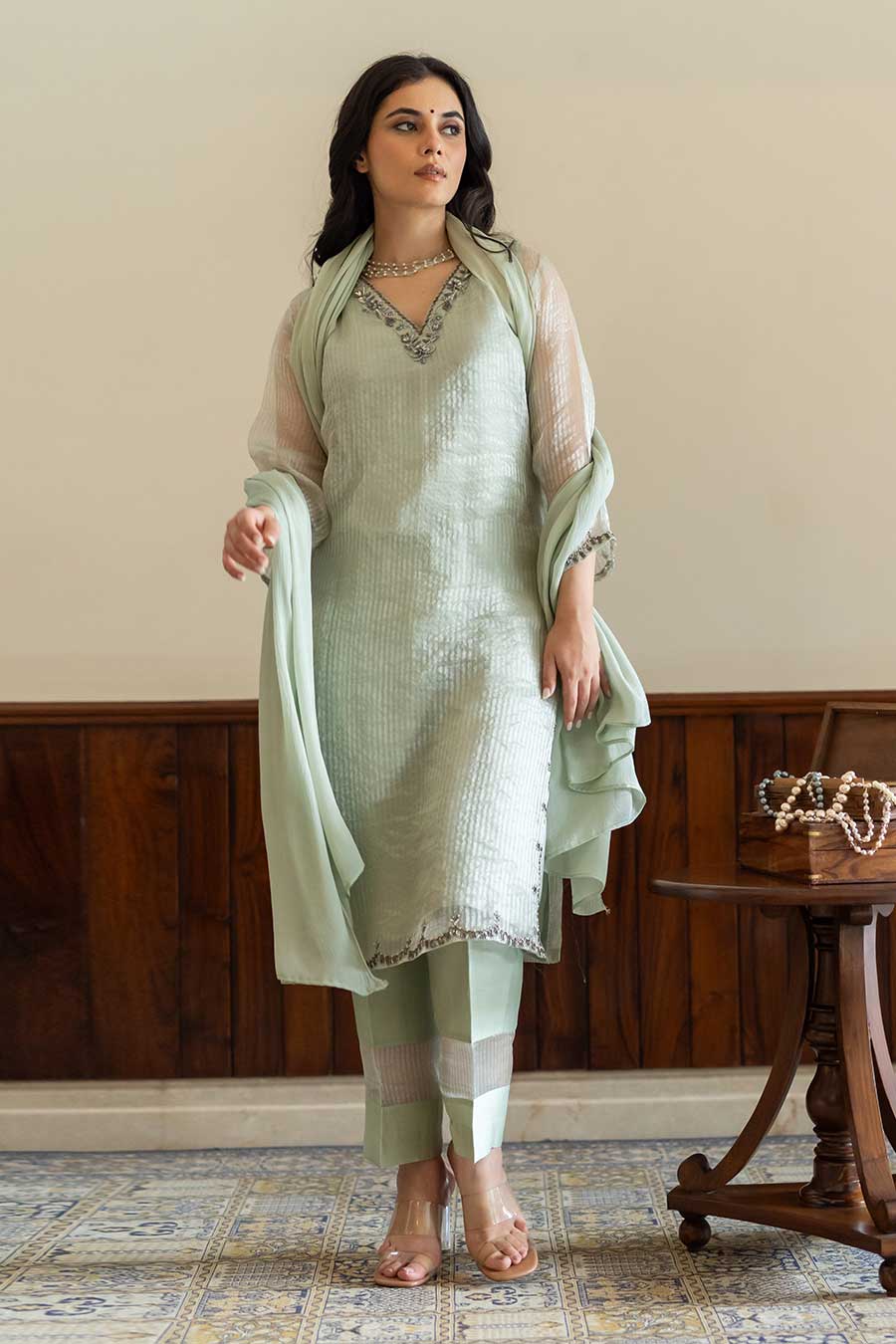 Green Striped Embroidered Kurta Set