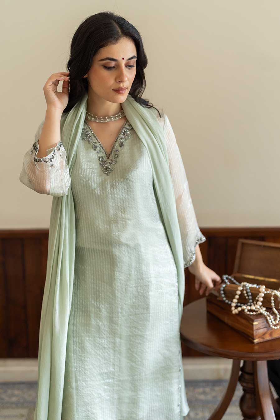Green Striped Embroidered Kurta Set