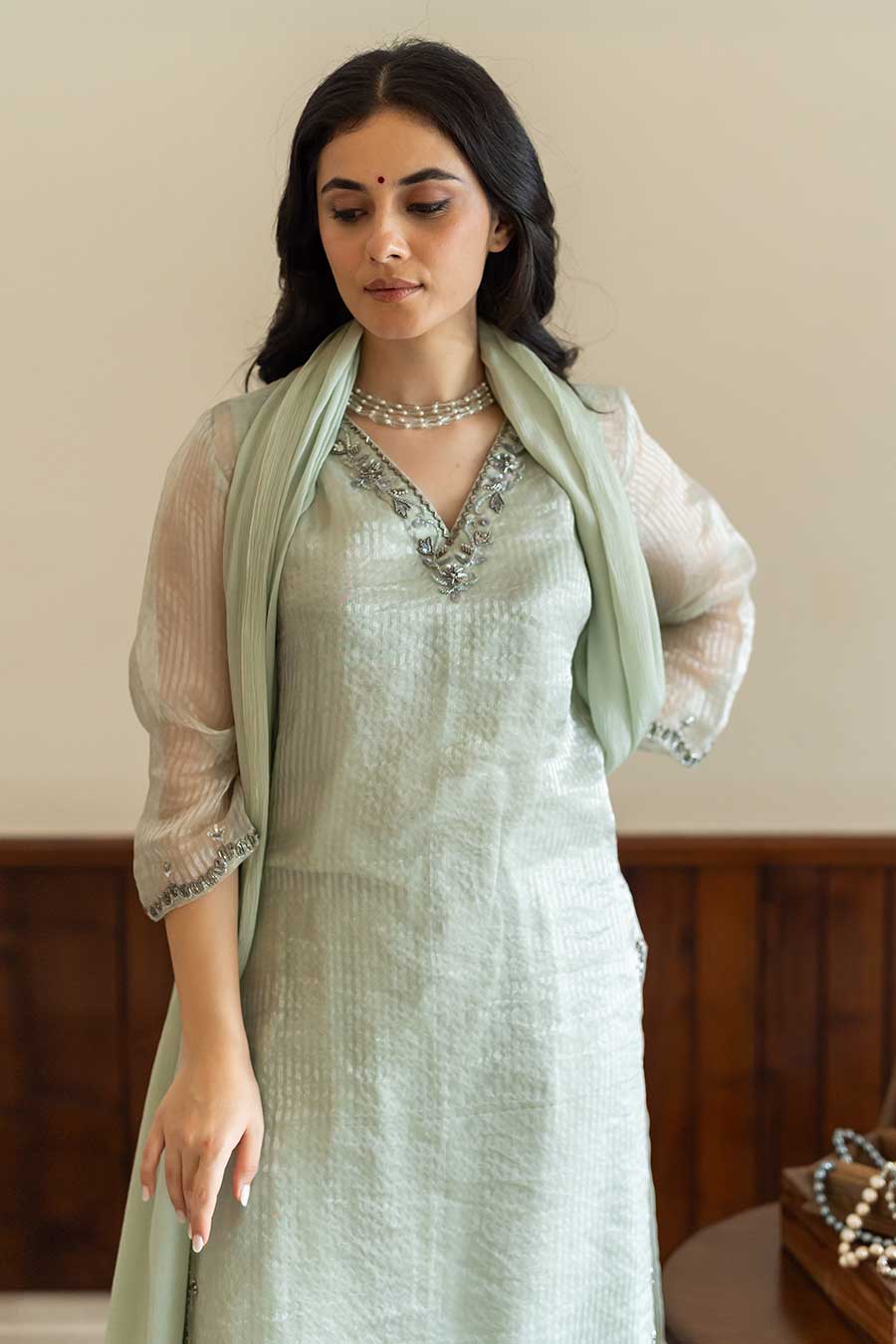 Green Striped Embroidered Kurta Set