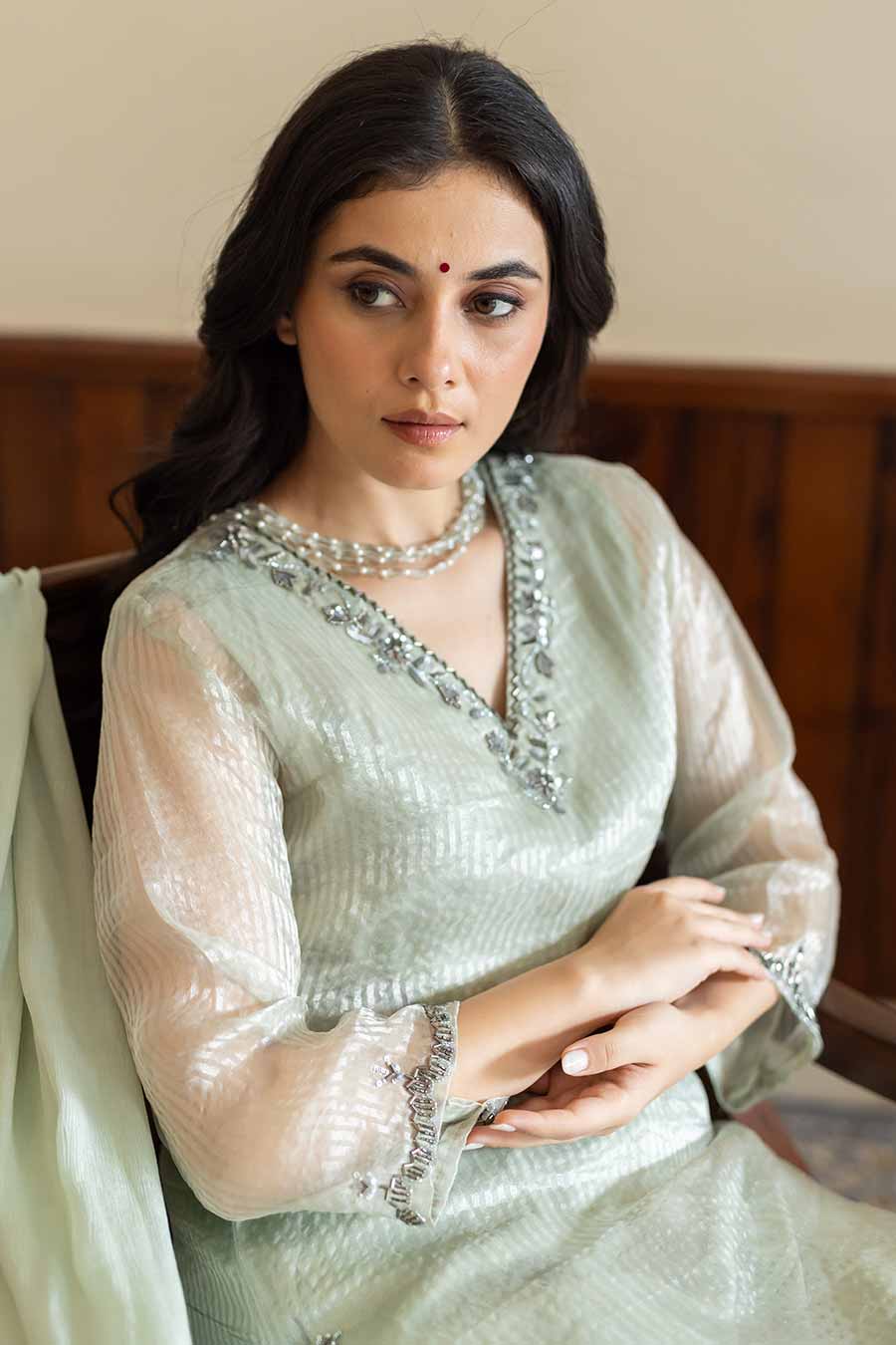 Green Striped Embroidered Kurta Set