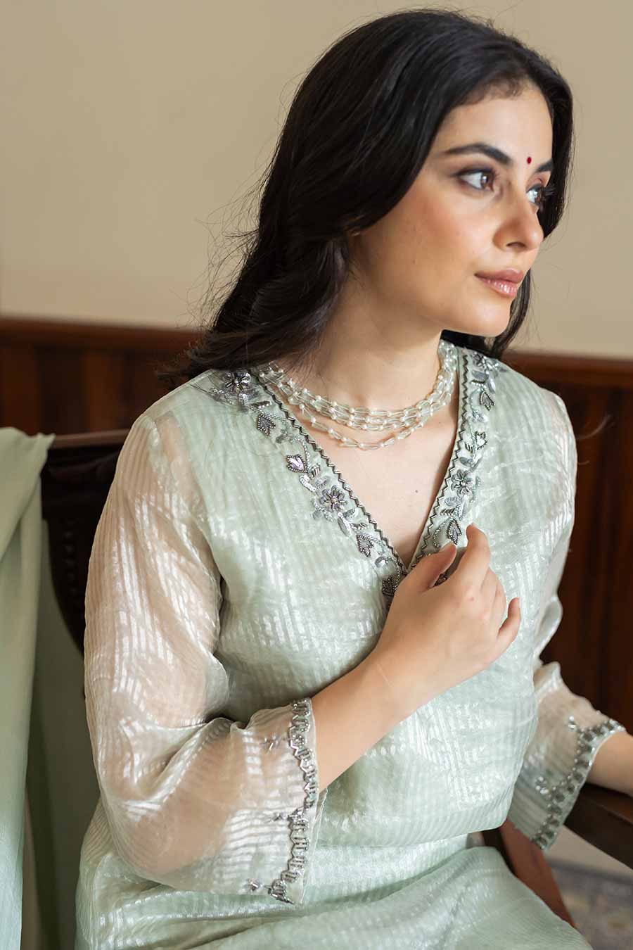 Green Striped Embroidered Kurta Set