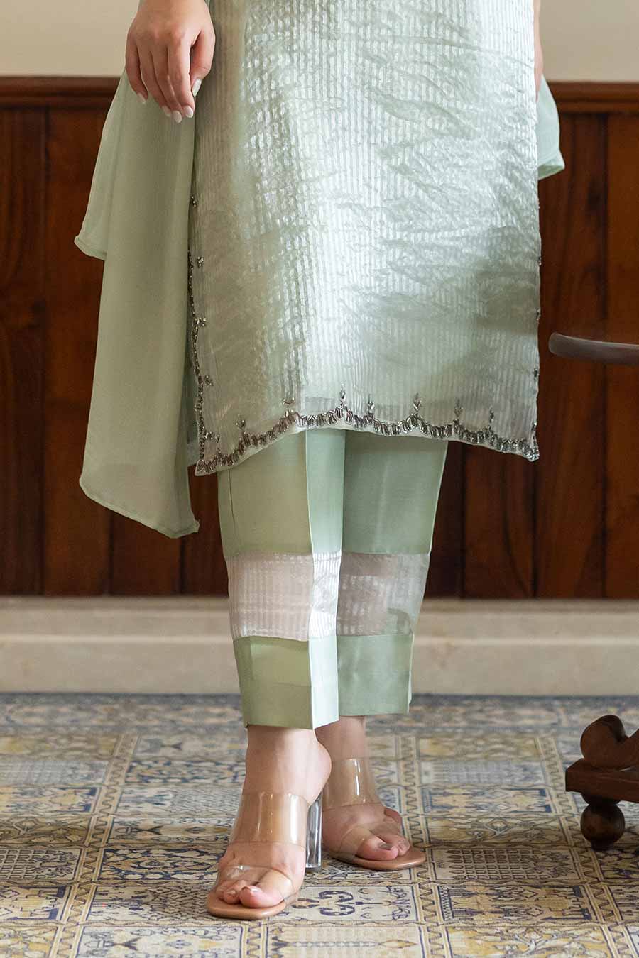 Green Striped Embroidered Kurta Set