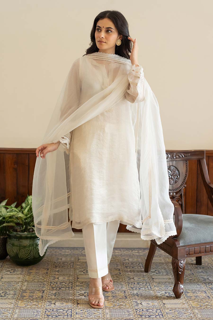 Ivory Striped Lace Embellished Kurta Set