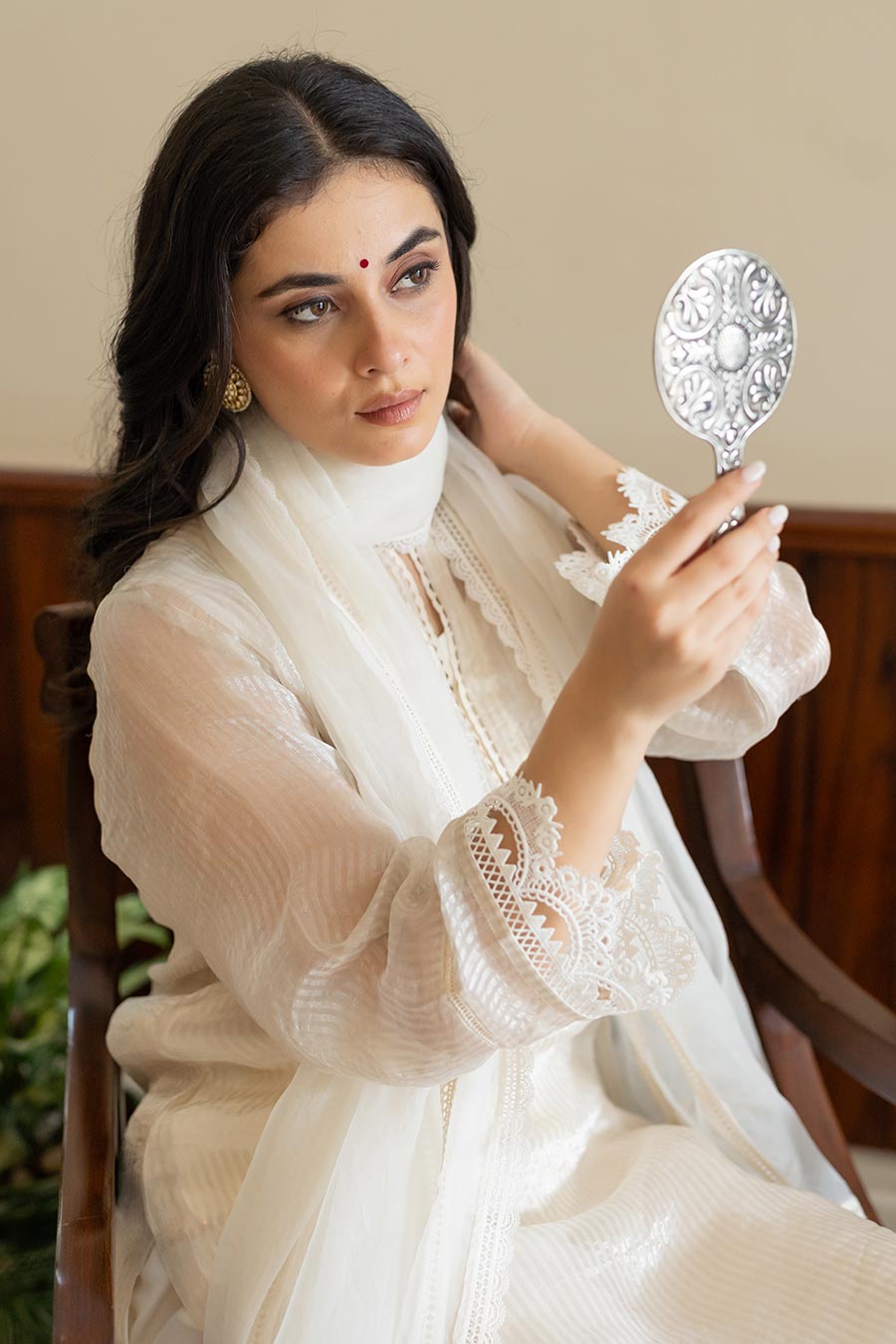 Ivory Striped Lace Embellished Kurta Set