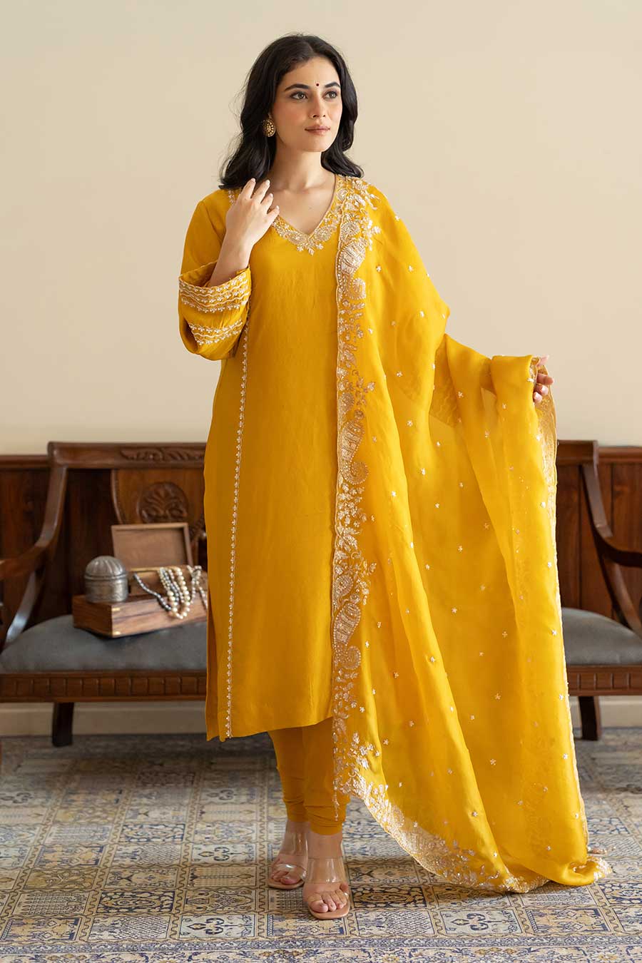 Mustard Embroidered Kali Kurta Set