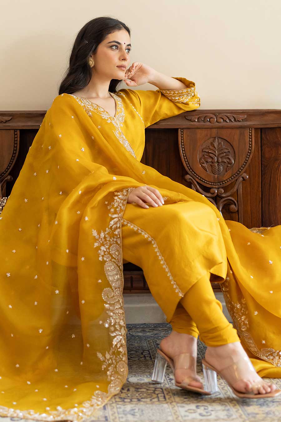 Mustard Embroidered Kali Kurta Set