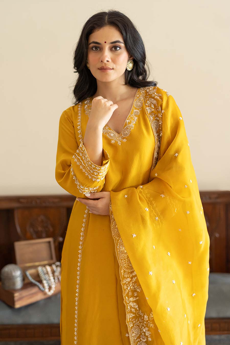Mustard Embroidered Kali Kurta Set