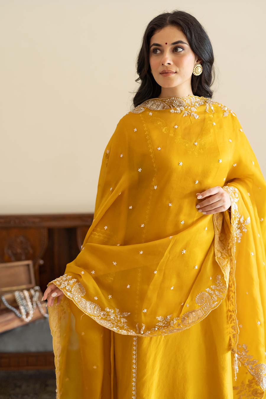 Mustard Embroidered Kali Kurta Set