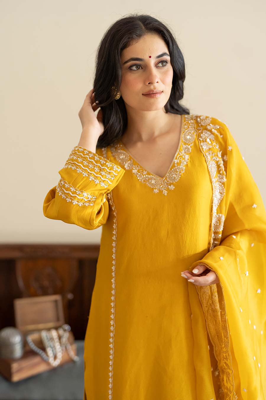 Mustard Embroidered Kali Kurta Set