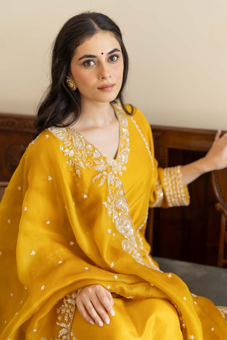 Mustard Embroidered Kali Kurta Set