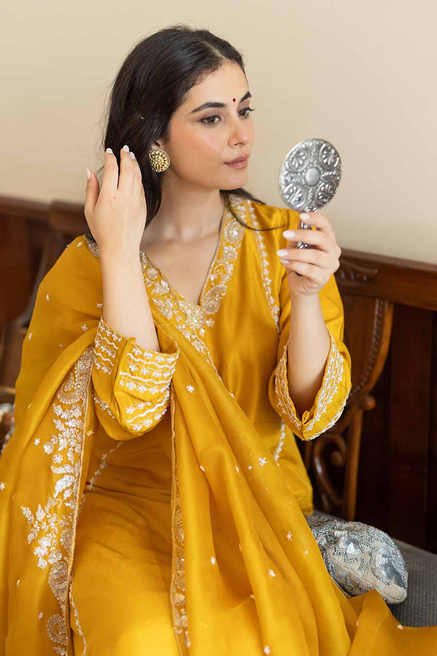 Mustard Embroidered Kali Kurta Set