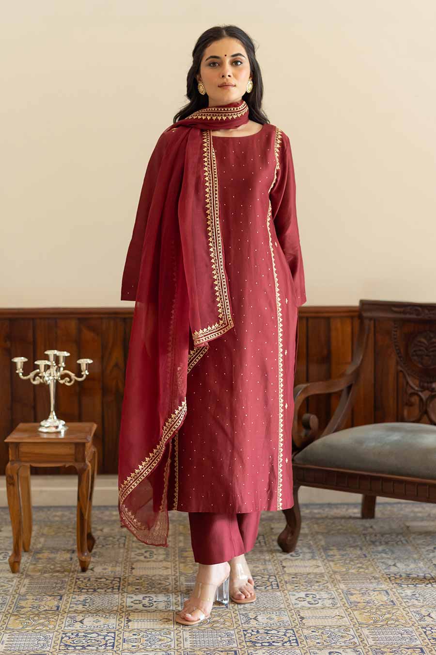 Wine Embroidered Kurta Set