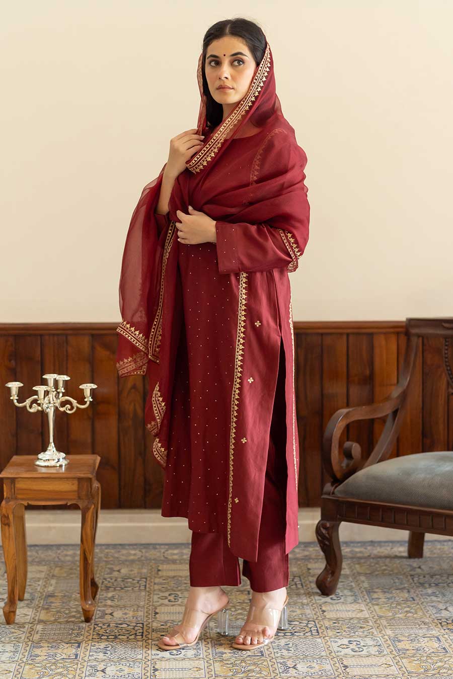 Wine Embroidered Kurta Set