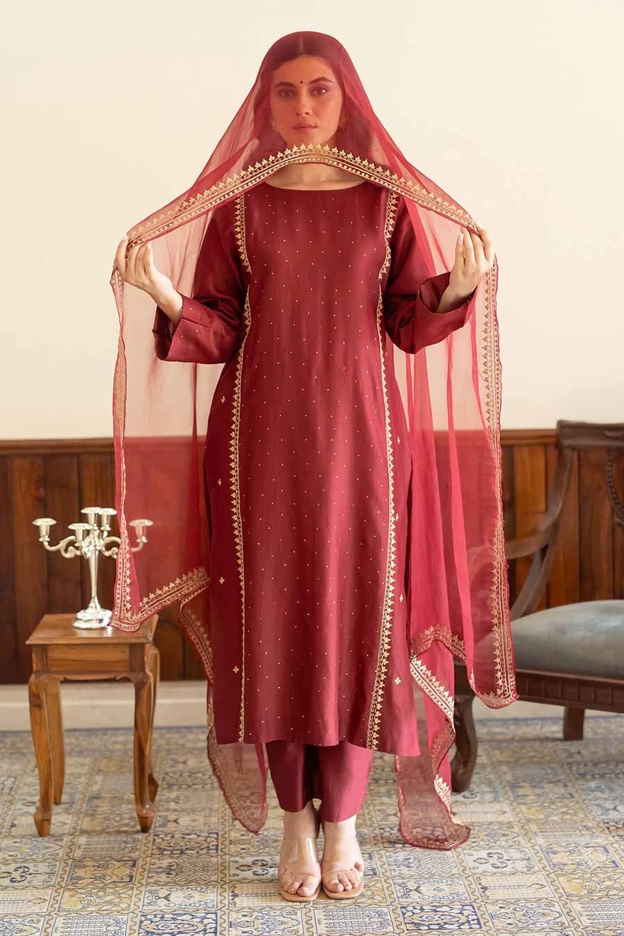 Wine Embroidered Kurta Set