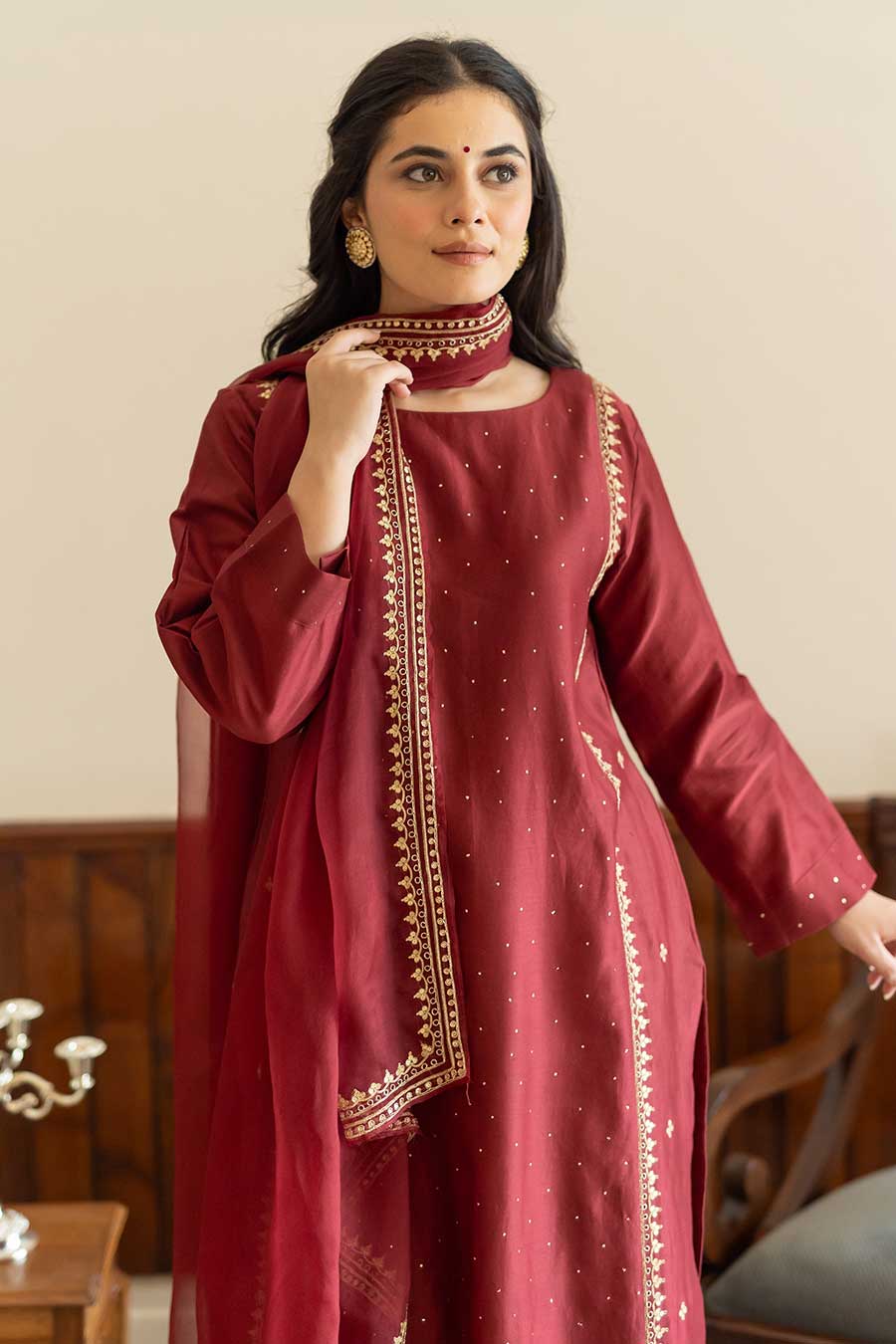 Wine Embroidered Kurta Set