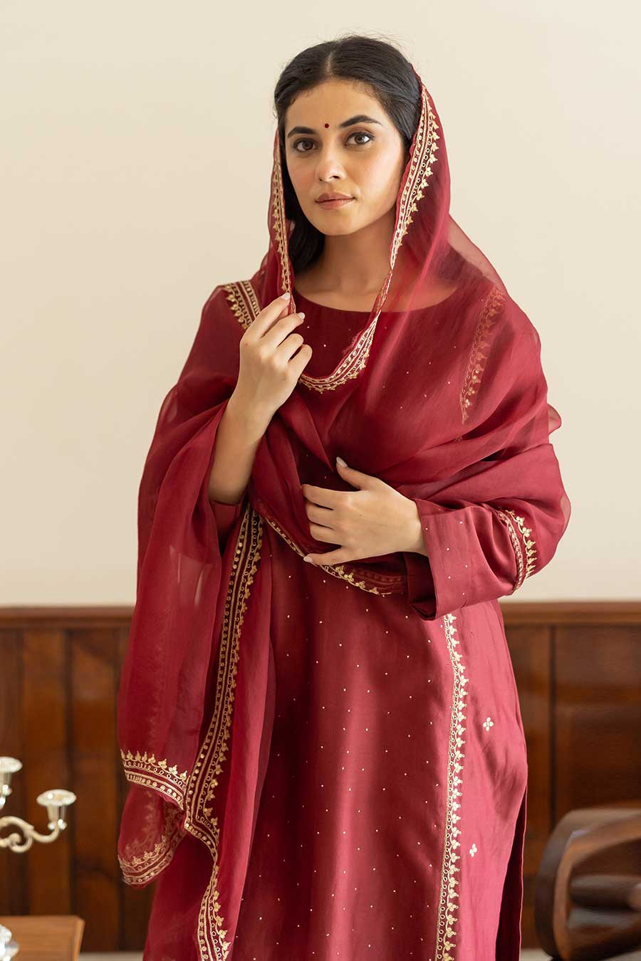 Wine Embroidered Kurta Set