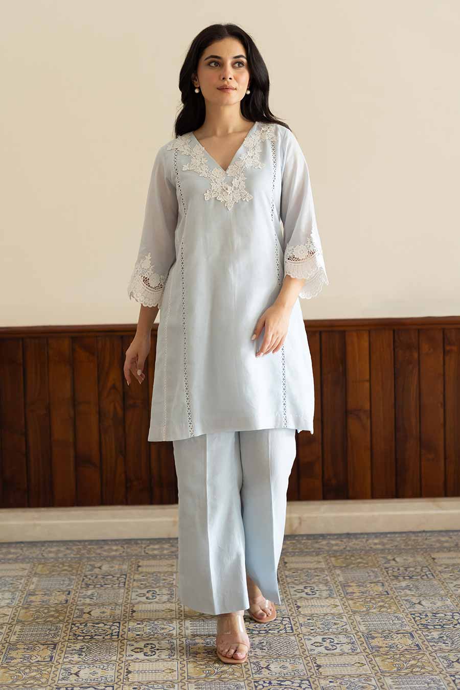 Powder Blue Lace Embellished Kurta & Pant Set