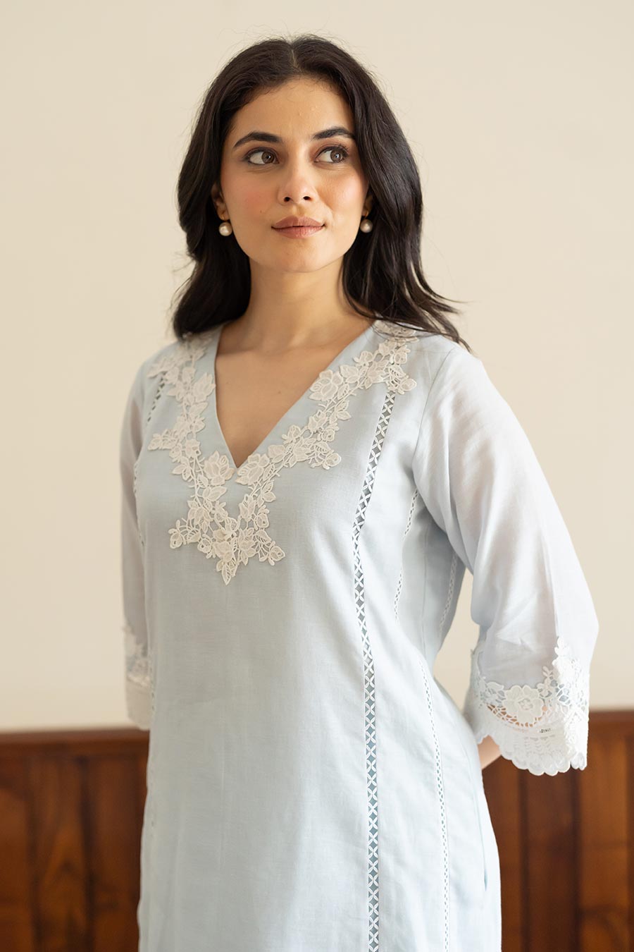 Powder Blue Lace Embellished Kurta & Pant Set