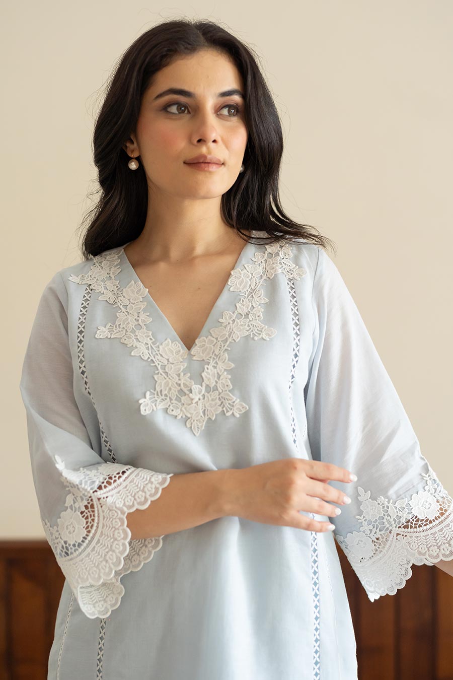Powder Blue Lace Embellished Kurta & Pant Set