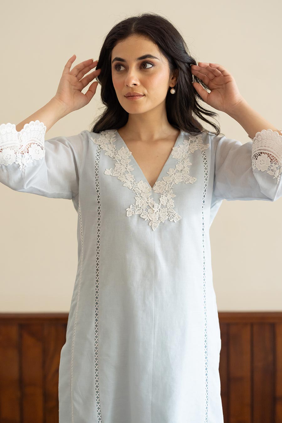 Powder Blue Lace Embellished Kurta & Pant Set