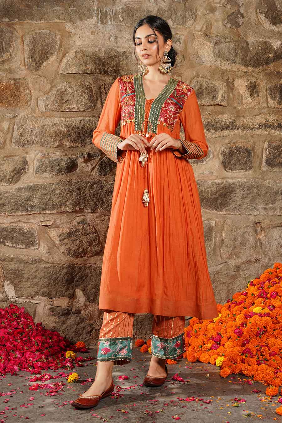 Saanjh - Orange Embroidered Kurta & Pant Set