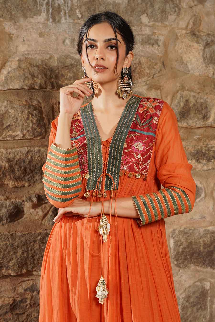 Saanjh - Orange Embroidered Kurta & Pant Set