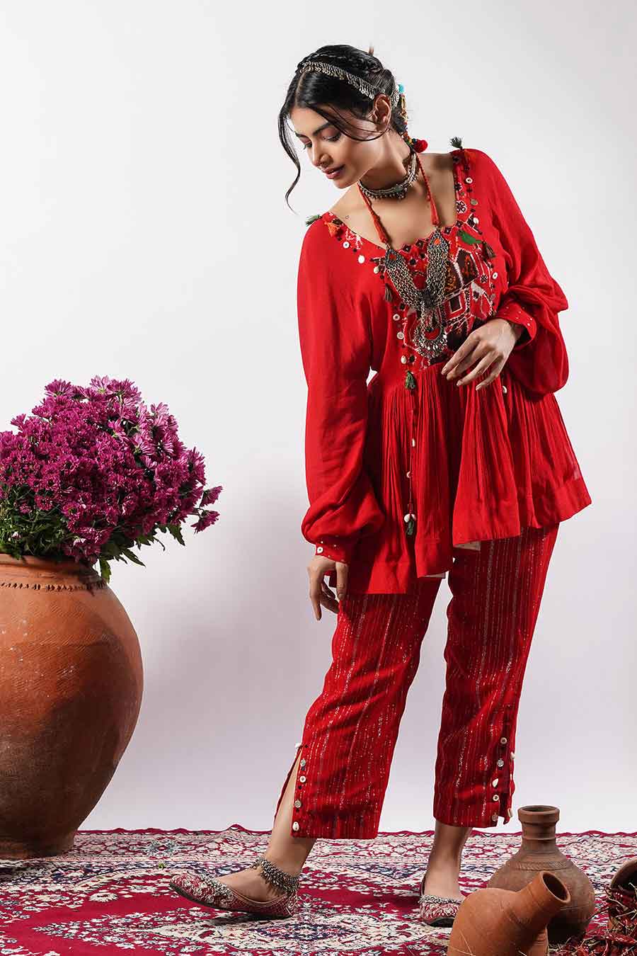 Aashna - Fiery Red Peplum Top & Pant Co-Ord Set