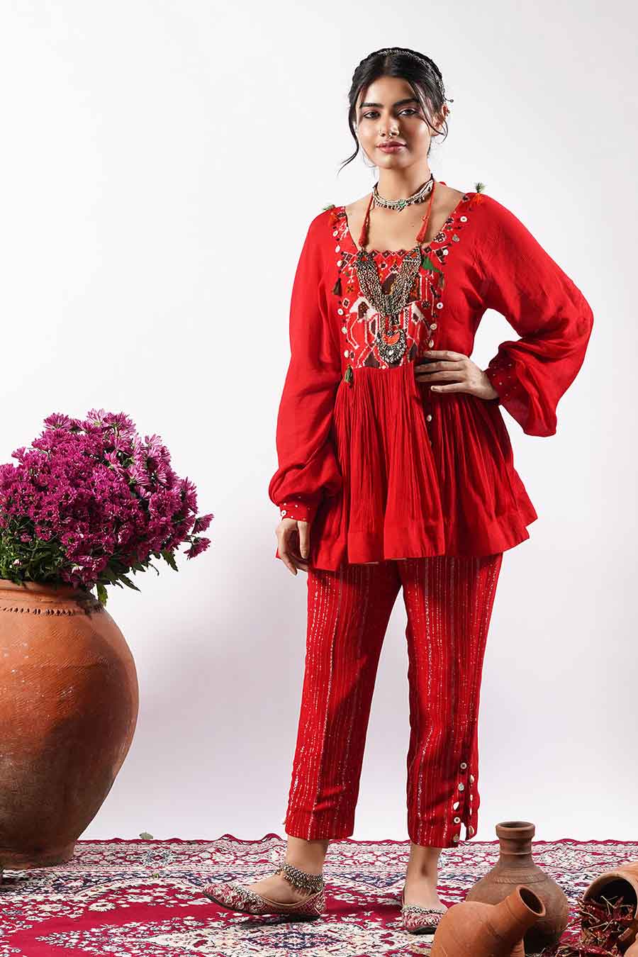 Aashna - Fiery Red Peplum Top & Pant Co-Ord Set