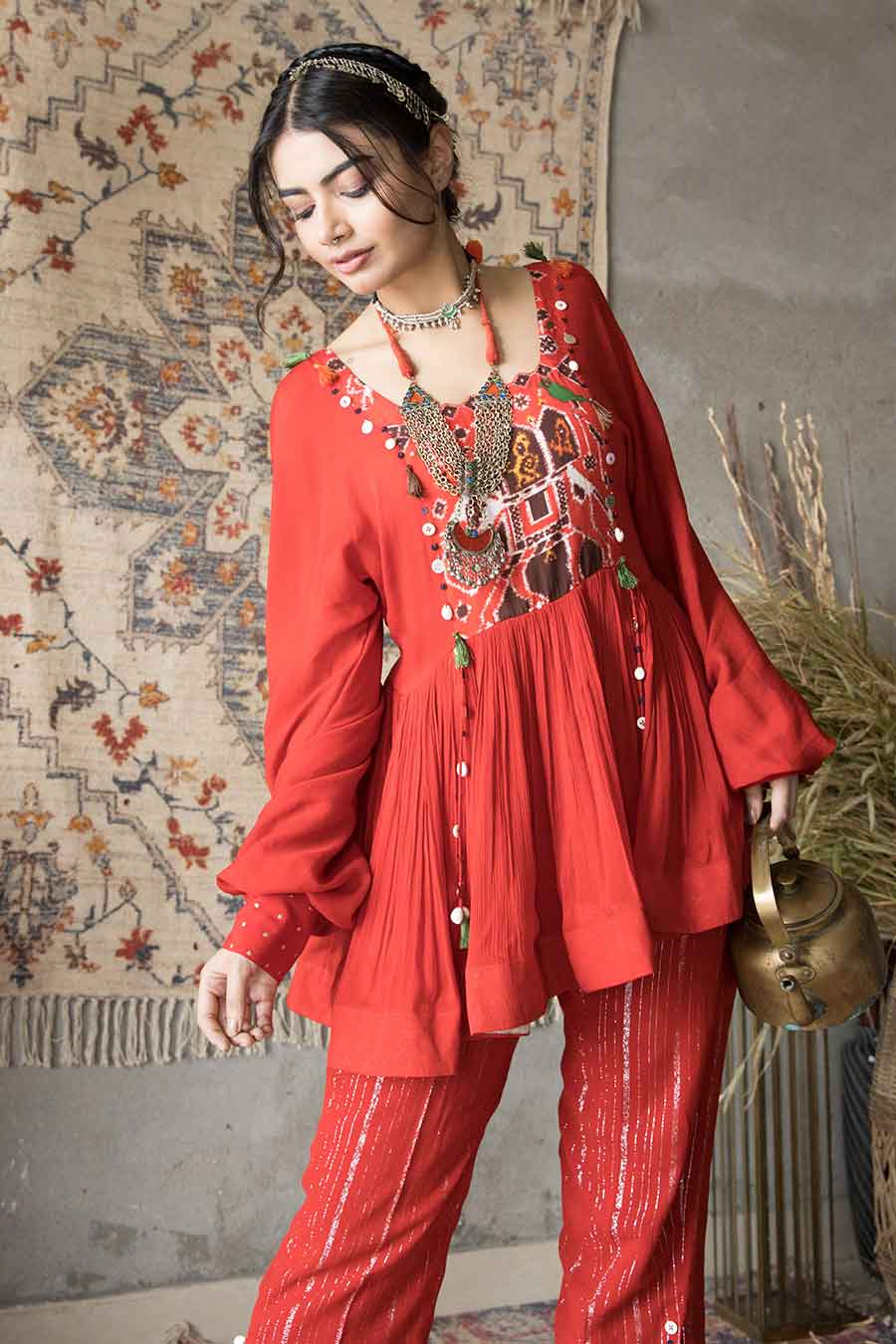 Aashna - Fiery Red Peplum Top & Pant Co-Ord Set