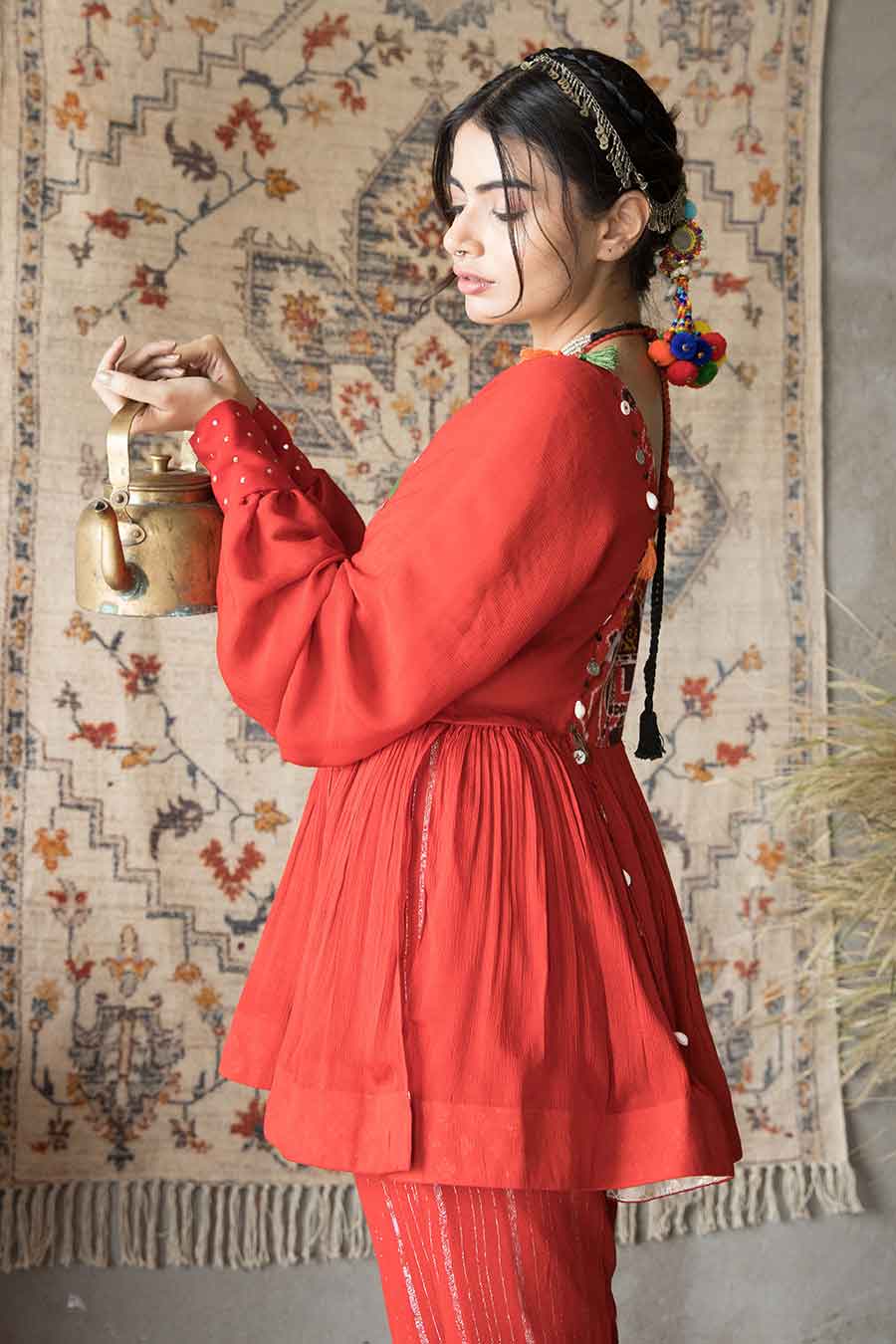 Aashna - Fiery Red Peplum Top & Pant Co-Ord Set