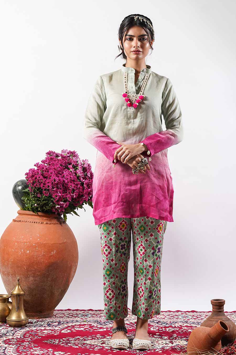 Inara - Green And Pink Ombre Tunic & Pant Co-Ord Set