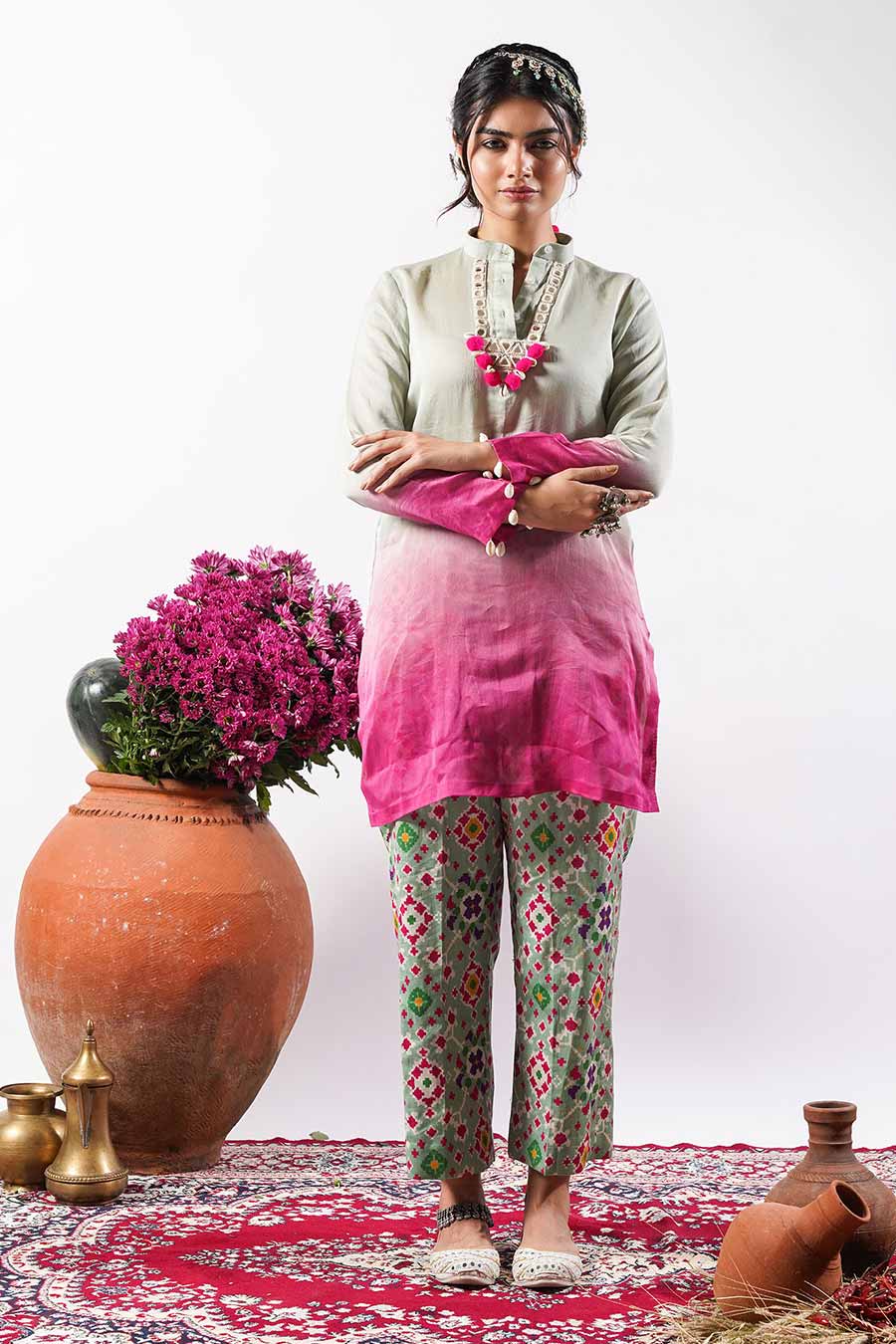 Inara - Green And Pink Ombre Tunic & Pant Co-Ord Set