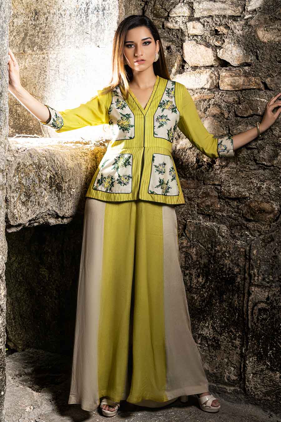 Green & Beige Embroidered Peplum Jumpsuit