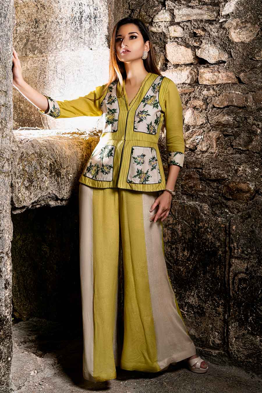 Green & Beige Embroidered Peplum Jumpsuit