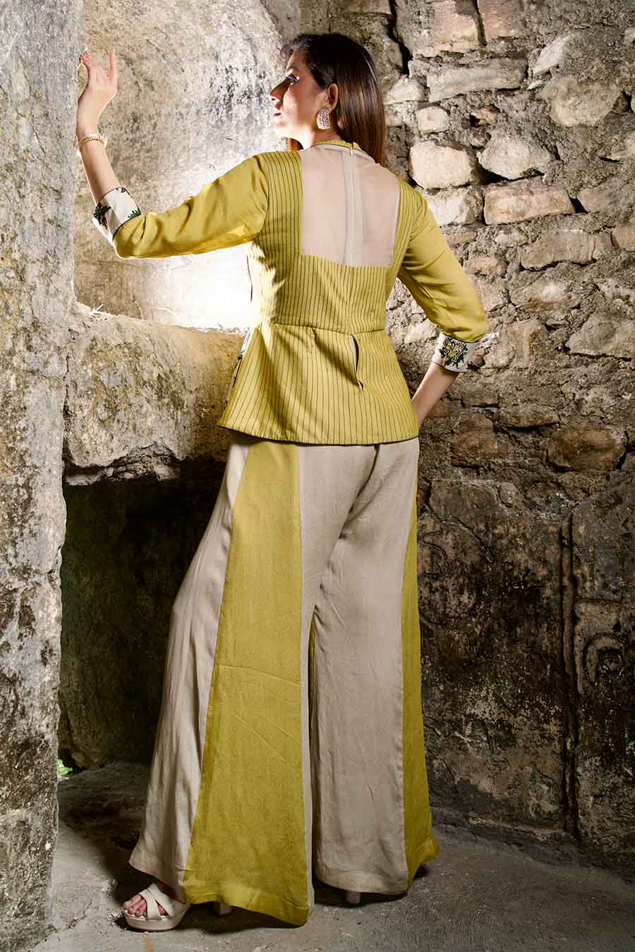 Green & Beige Embroidered Peplum Jumpsuit
