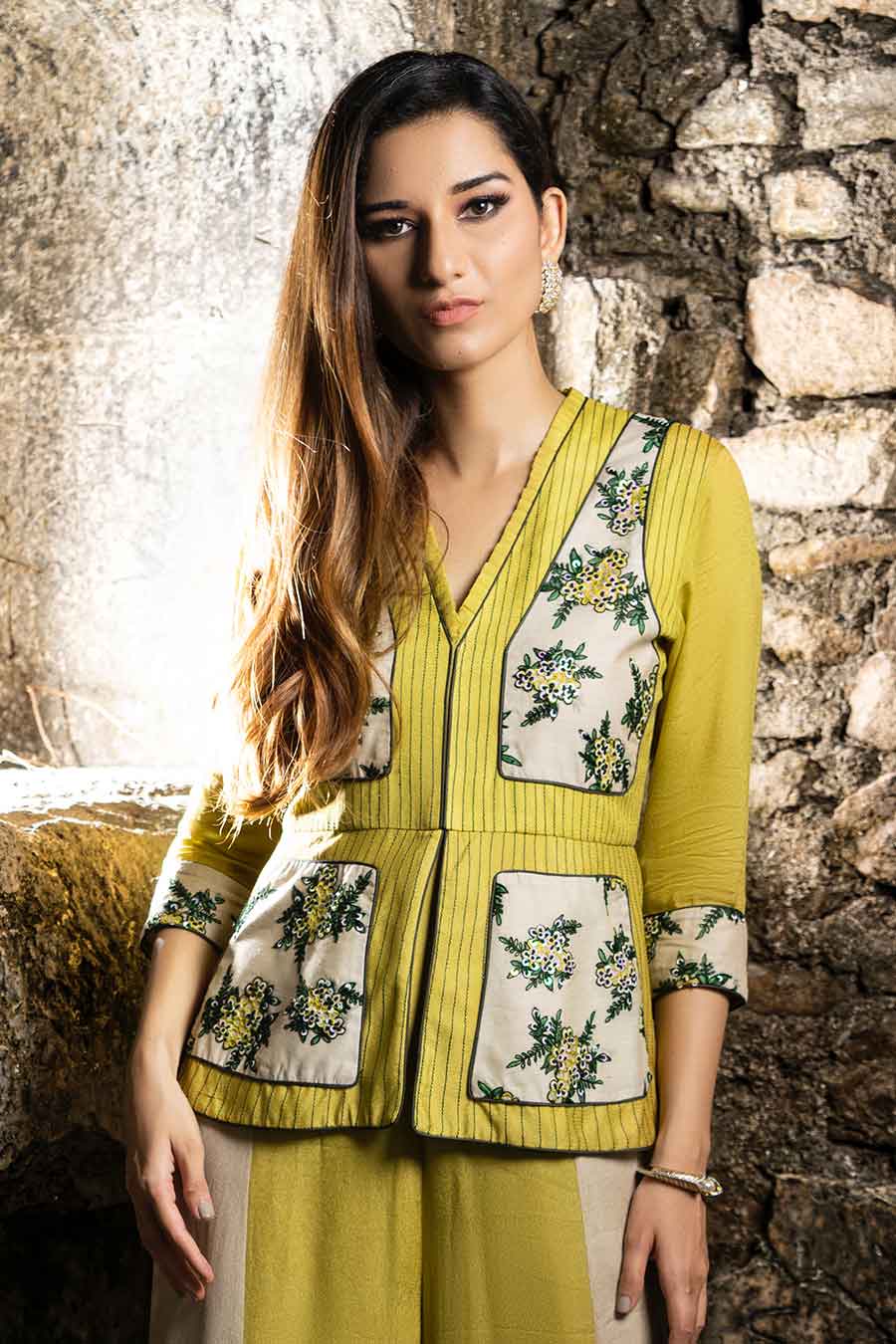 Green & Beige Embroidered Peplum Jumpsuit