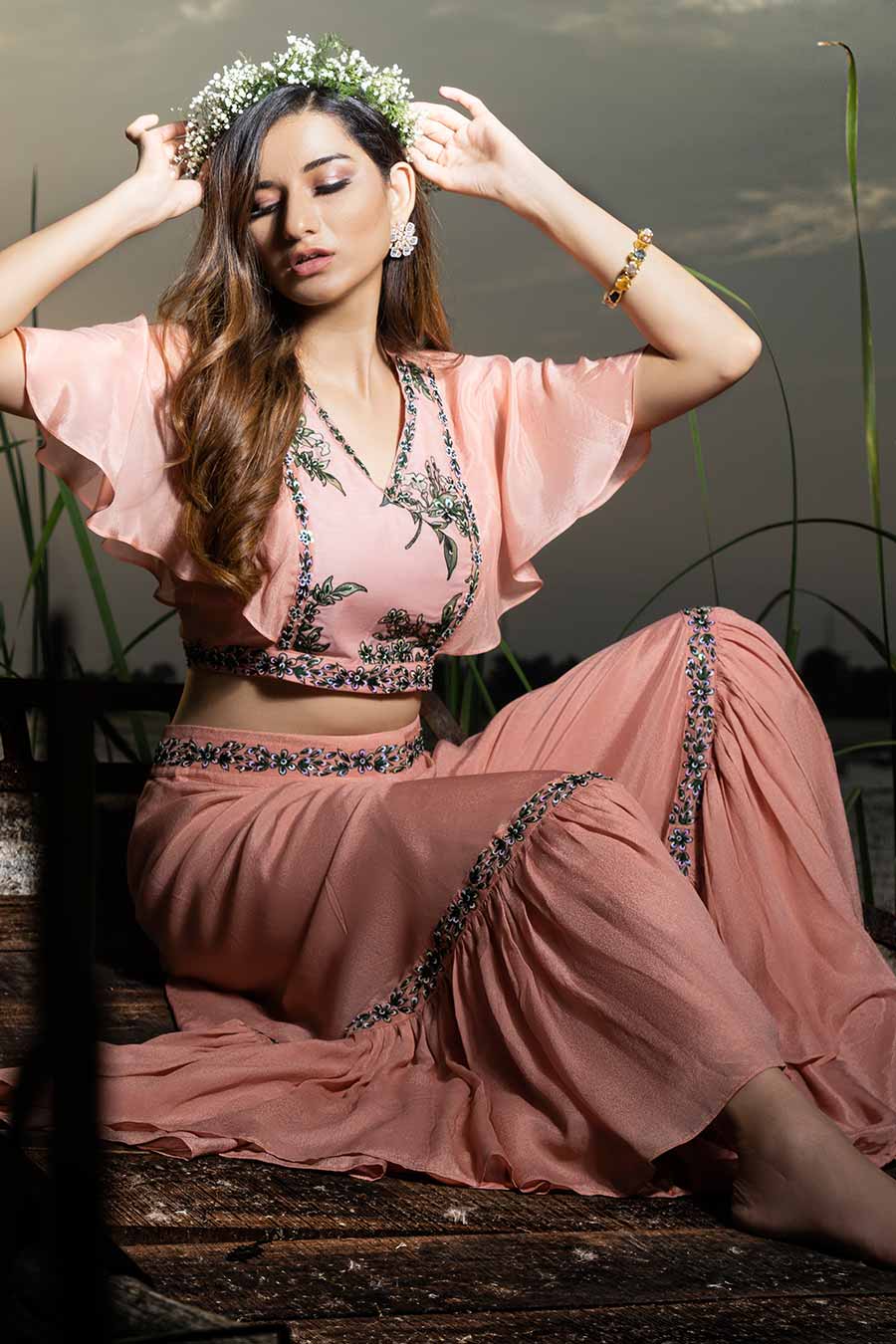 Rossa Pink Embroidered Crop Top & Palazzo Co-ord Set