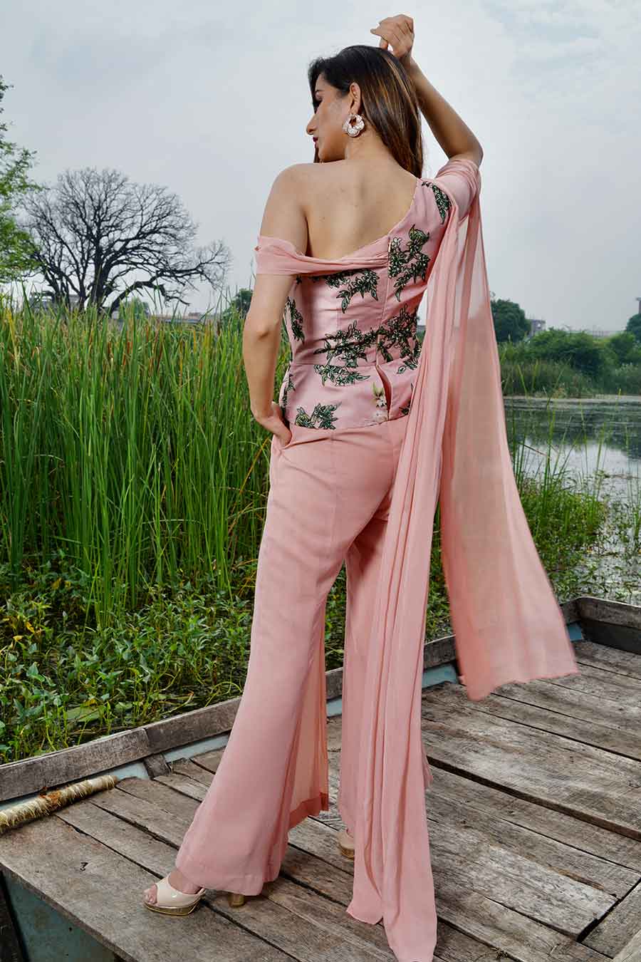 Rossa Pink Embroidered Off-shoulder Jumpsuit