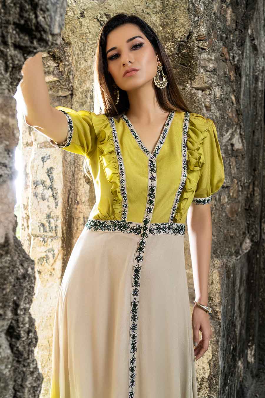 Green & Beige Embroidered Tunic Dress
